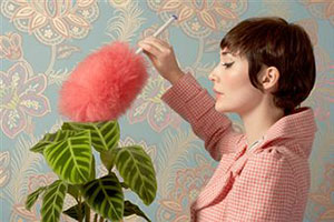Женщина стирает пыль с цветов