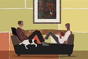 Супруги сидят на диване рисунок