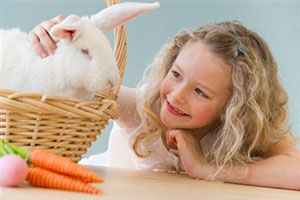 Девочка гладит кролика